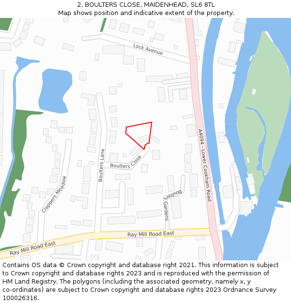 2, BOULTERS CLOSE, MAIDENHEAD, SL6 8TL: Location map and indicative extent of plot