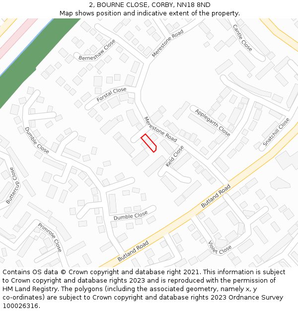 2, BOURNE CLOSE, CORBY, NN18 8ND: Location map and indicative extent of plot