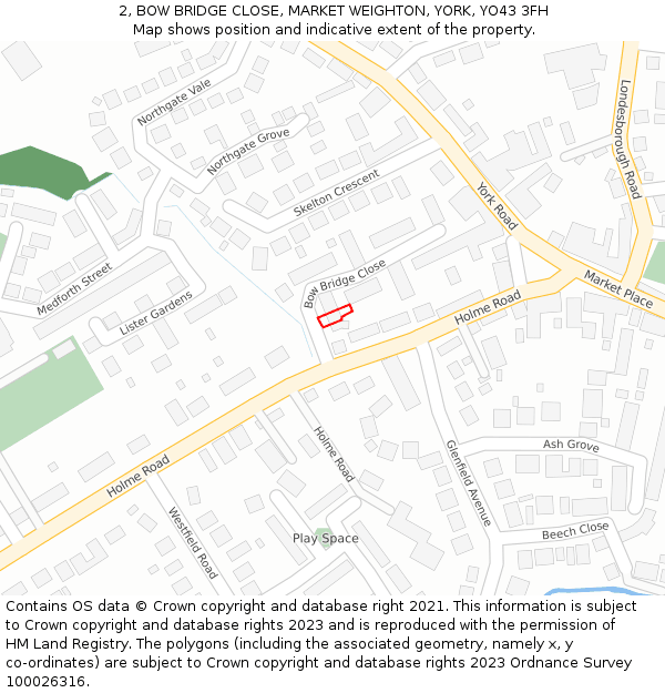 2, BOW BRIDGE CLOSE, MARKET WEIGHTON, YORK, YO43 3FH: Location map and indicative extent of plot
