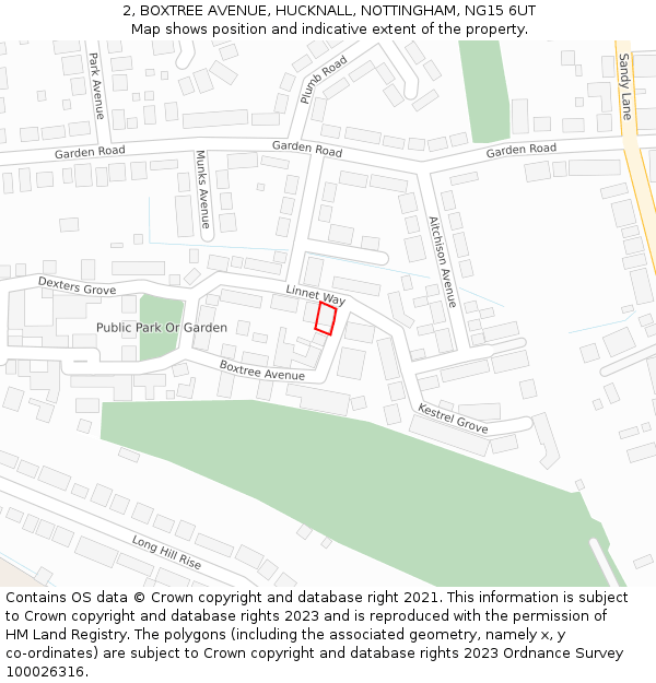 2, BOXTREE AVENUE, HUCKNALL, NOTTINGHAM, NG15 6UT: Location map and indicative extent of plot