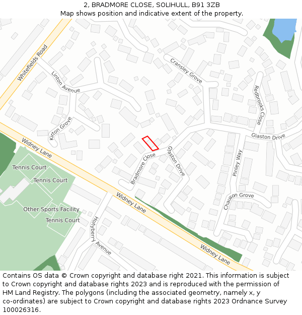 2, BRADMORE CLOSE, SOLIHULL, B91 3ZB: Location map and indicative extent of plot