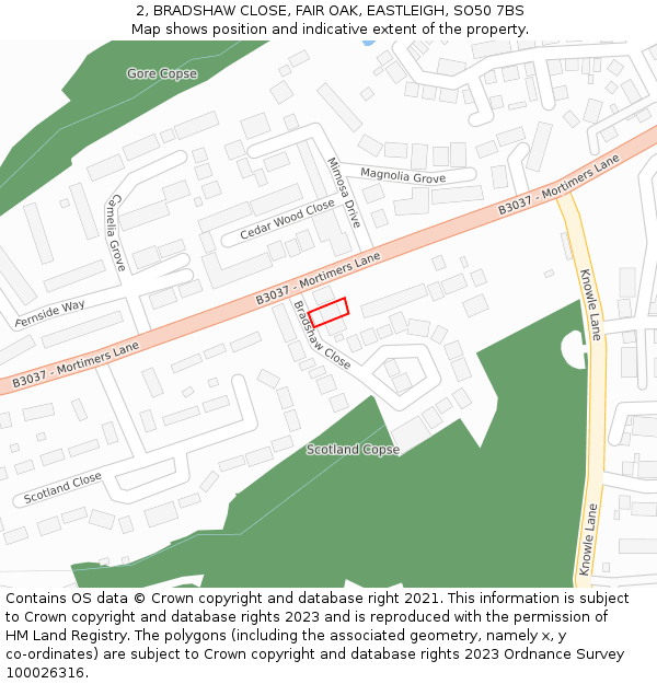 2, BRADSHAW CLOSE, FAIR OAK, EASTLEIGH, SO50 7BS: Location map and indicative extent of plot