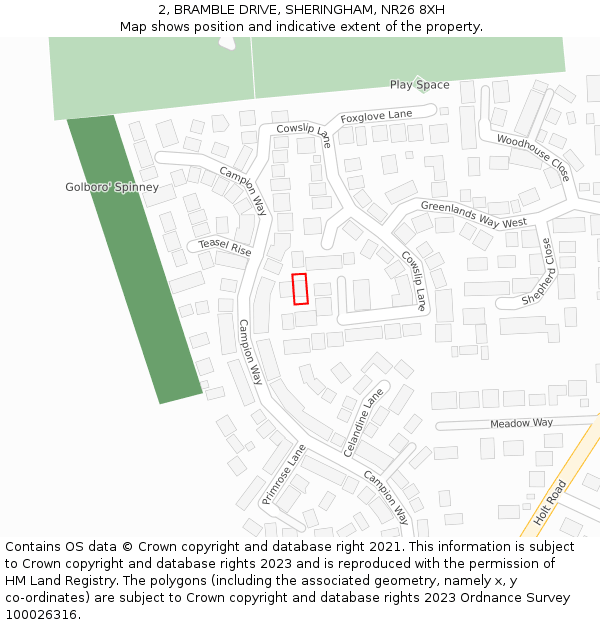 2, BRAMBLE DRIVE, SHERINGHAM, NR26 8XH: Location map and indicative extent of plot