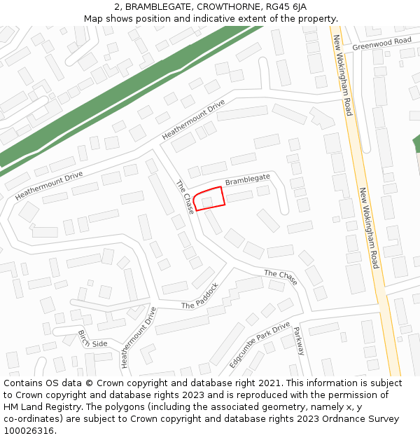 2, BRAMBLEGATE, CROWTHORNE, RG45 6JA: Location map and indicative extent of plot