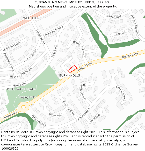 2, BRAMBLING MEWS, MORLEY, LEEDS, LS27 8GL: Location map and indicative extent of plot