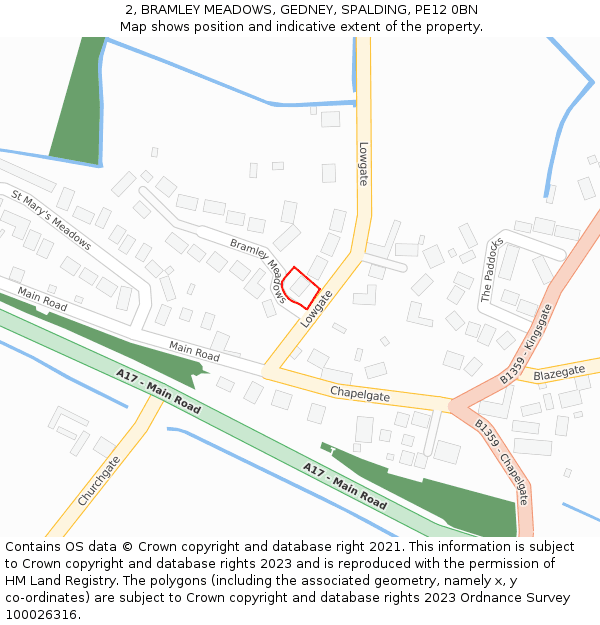 2, BRAMLEY MEADOWS, GEDNEY, SPALDING, PE12 0BN: Location map and indicative extent of plot