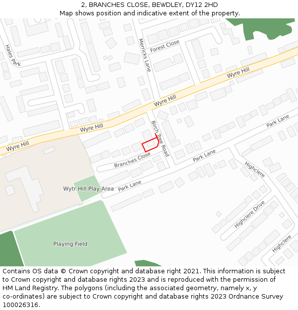 2, BRANCHES CLOSE, BEWDLEY, DY12 2HD: Location map and indicative extent of plot