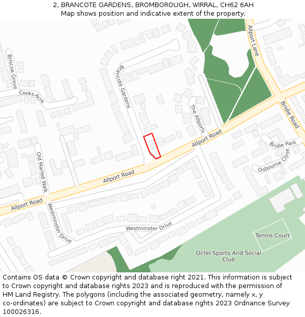 2, BRANCOTE GARDENS, BROMBOROUGH, WIRRAL, CH62 6AH: Location map and indicative extent of plot