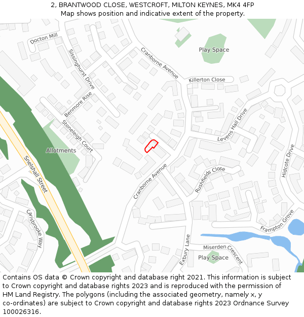 2, BRANTWOOD CLOSE, WESTCROFT, MILTON KEYNES, MK4 4FP: Location map and indicative extent of plot