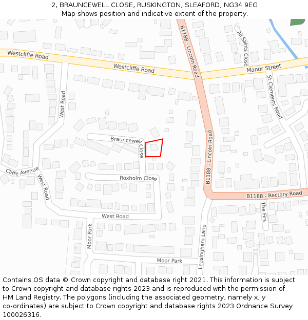 2, BRAUNCEWELL CLOSE, RUSKINGTON, SLEAFORD, NG34 9EG: Location map and indicative extent of plot