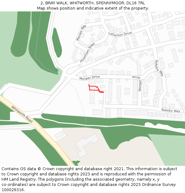 2, BRAY WALK, WHITWORTH, SPENNYMOOR, DL16 7RL: Location map and indicative extent of plot