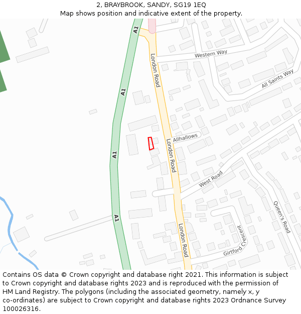 2, BRAYBROOK, SANDY, SG19 1EQ: Location map and indicative extent of plot