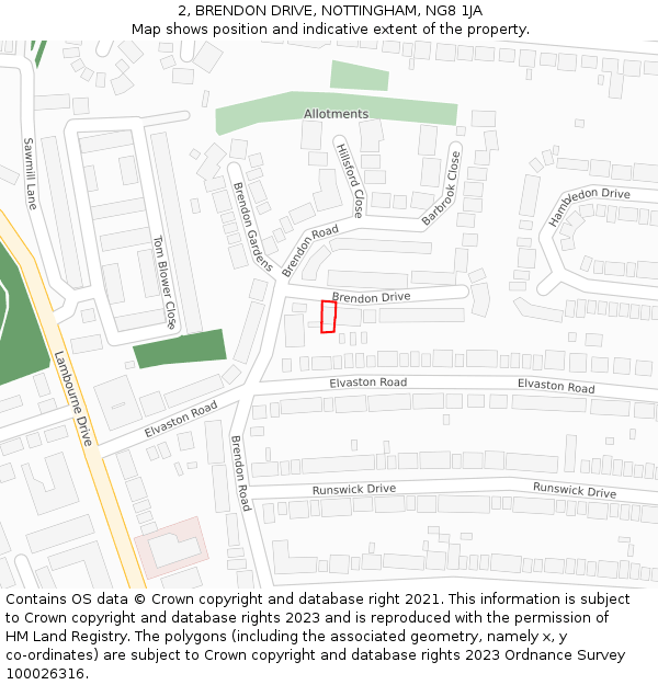 2, BRENDON DRIVE, NOTTINGHAM, NG8 1JA: Location map and indicative extent of plot