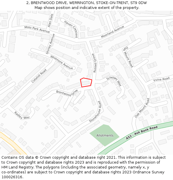2, BRENTWOOD DRIVE, WERRINGTON, STOKE-ON-TRENT, ST9 0DW: Location map and indicative extent of plot