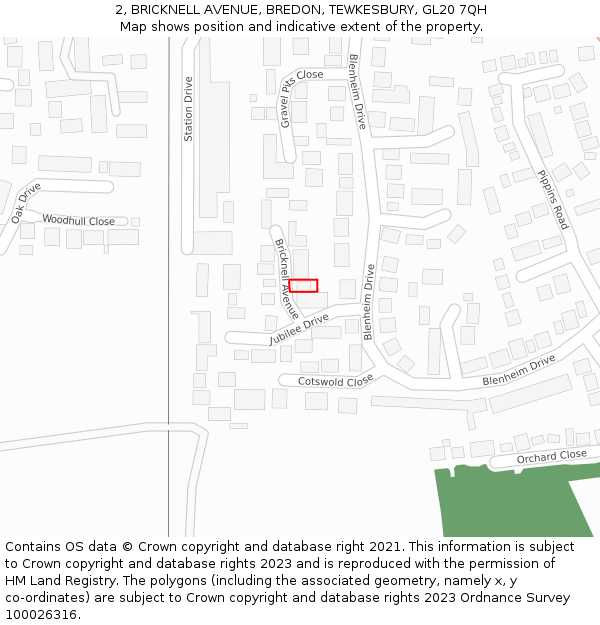 2, BRICKNELL AVENUE, BREDON, TEWKESBURY, GL20 7QH: Location map and indicative extent of plot
