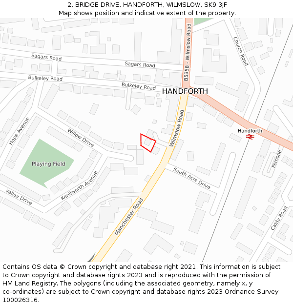 2, BRIDGE DRIVE, HANDFORTH, WILMSLOW, SK9 3JF: Location map and indicative extent of plot