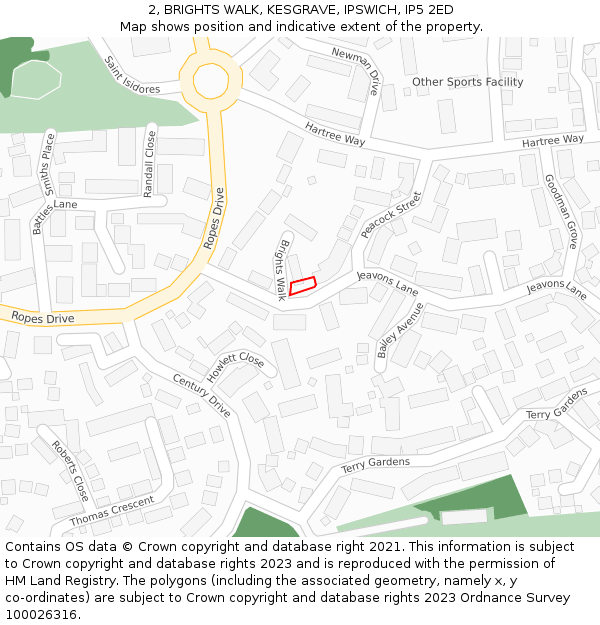 2, BRIGHTS WALK, KESGRAVE, IPSWICH, IP5 2ED: Location map and indicative extent of plot