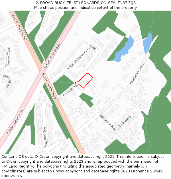 2, BROAD BUCKLER, ST LEONARDS-ON-SEA, TN37 7QR: Location map and indicative extent of plot