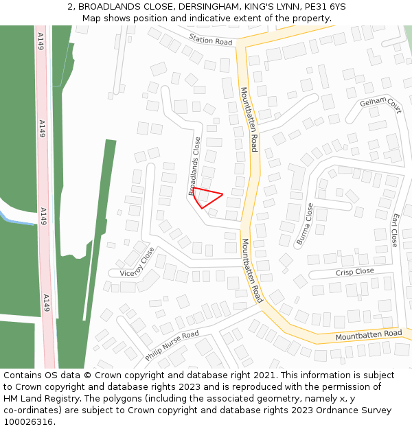 2, BROADLANDS CLOSE, DERSINGHAM, KING'S LYNN, PE31 6YS: Location map and indicative extent of plot