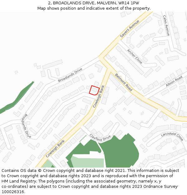 2, BROADLANDS DRIVE, MALVERN, WR14 1PW: Location map and indicative extent of plot