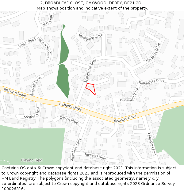 2, BROADLEAF CLOSE, OAKWOOD, DERBY, DE21 2DH: Location map and indicative extent of plot