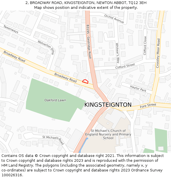 2, BROADWAY ROAD, KINGSTEIGNTON, NEWTON ABBOT, TQ12 3EH: Location map and indicative extent of plot