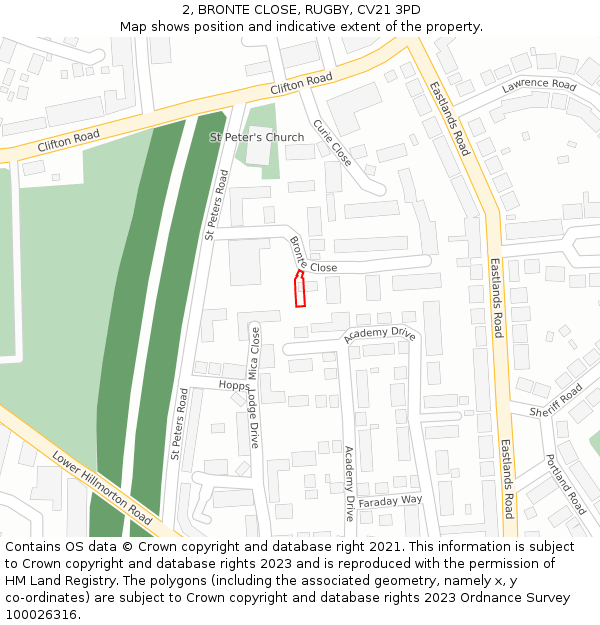 2, BRONTE CLOSE, RUGBY, CV21 3PD: Location map and indicative extent of plot
