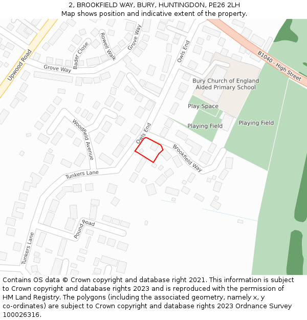 2, BROOKFIELD WAY, BURY, HUNTINGDON, PE26 2LH: Location map and indicative extent of plot