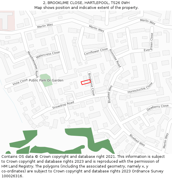2, BROOKLIME CLOSE, HARTLEPOOL, TS26 0WH: Location map and indicative extent of plot