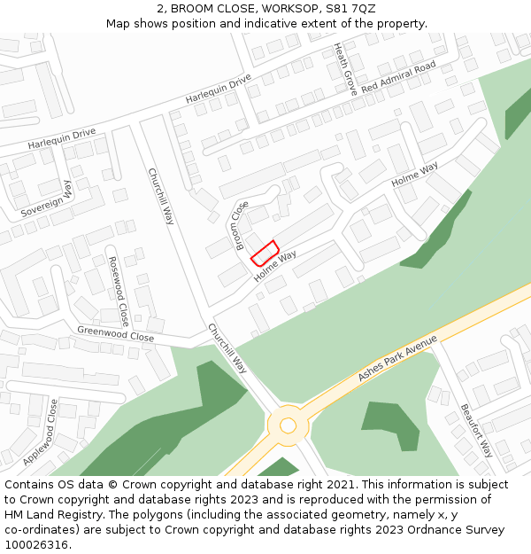 2, BROOM CLOSE, WORKSOP, S81 7QZ: Location map and indicative extent of plot