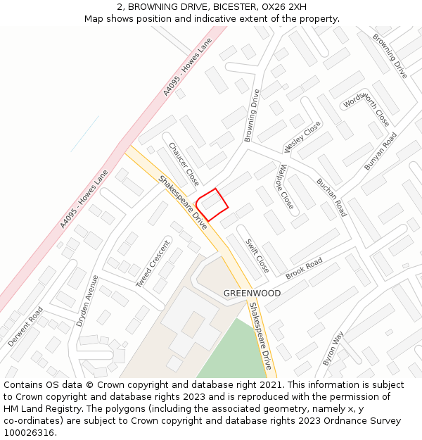 2, BROWNING DRIVE, BICESTER, OX26 2XH: Location map and indicative extent of plot