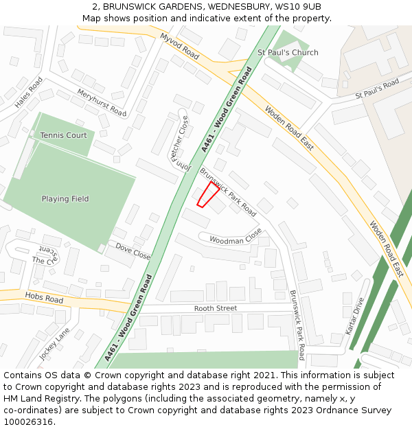 2, BRUNSWICK GARDENS, WEDNESBURY, WS10 9UB: Location map and indicative extent of plot