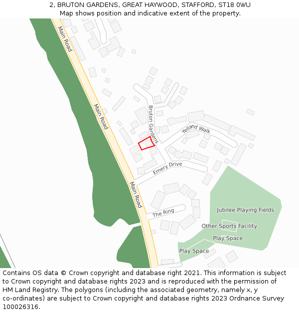 2, BRUTON GARDENS, GREAT HAYWOOD, STAFFORD, ST18 0WU: Location map and indicative extent of plot