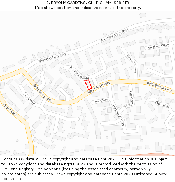 2, BRYONY GARDENS, GILLINGHAM, SP8 4TR: Location map and indicative extent of plot