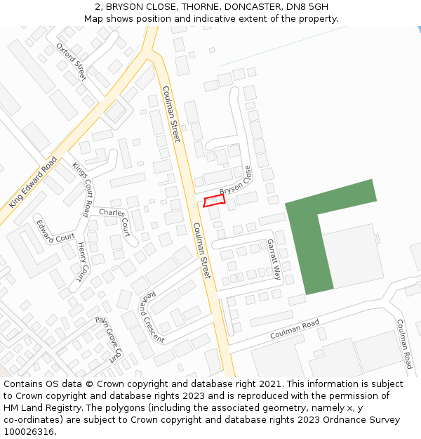 2, BRYSON CLOSE, THORNE, DONCASTER, DN8 5GH: Location map and indicative extent of plot