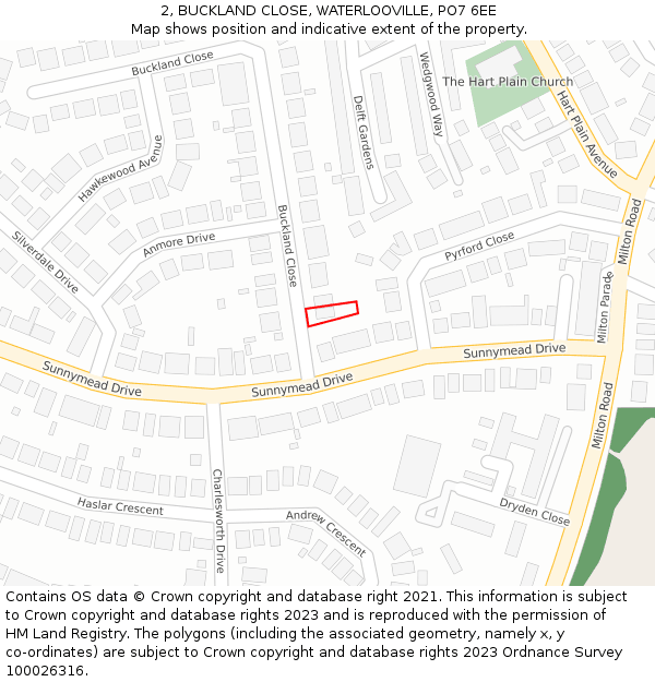 2, BUCKLAND CLOSE, WATERLOOVILLE, PO7 6EE: Location map and indicative extent of plot