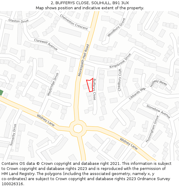 2, BUFFERYS CLOSE, SOLIHULL, B91 3UX: Location map and indicative extent of plot