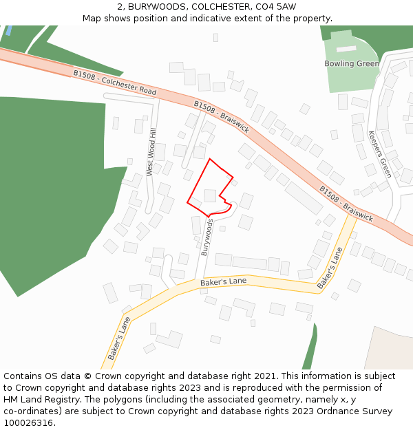 2, BURYWOODS, COLCHESTER, CO4 5AW: Location map and indicative extent of plot