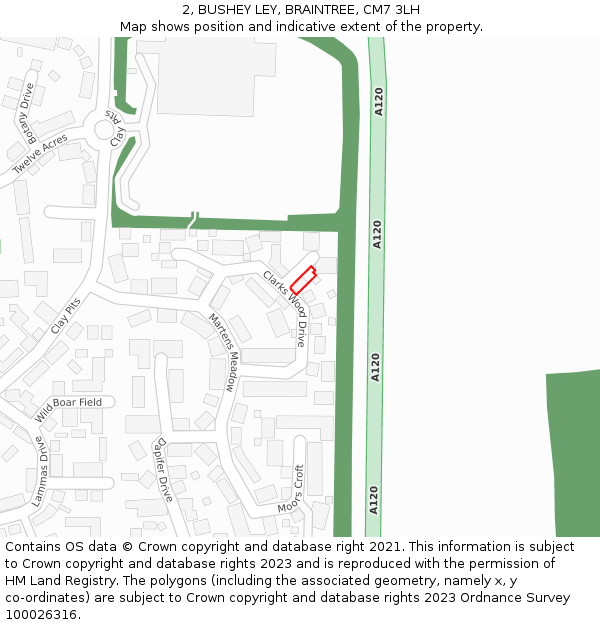 2, BUSHEY LEY, BRAINTREE, CM7 3LH: Location map and indicative extent of plot