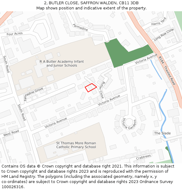 2, BUTLER CLOSE, SAFFRON WALDEN, CB11 3DB: Location map and indicative extent of plot