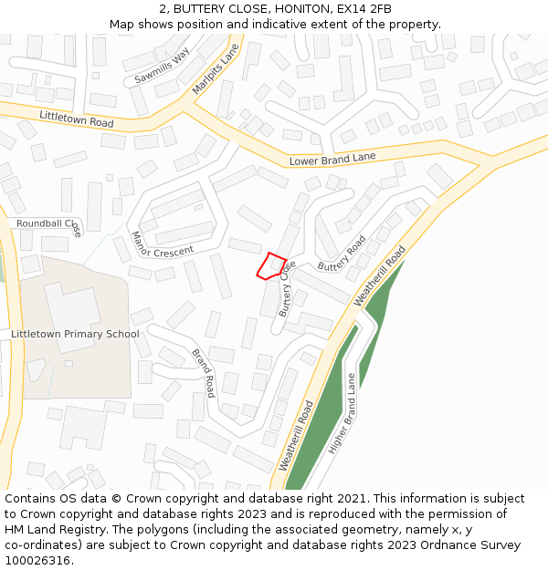 2, BUTTERY CLOSE, HONITON, EX14 2FB: Location map and indicative extent of plot