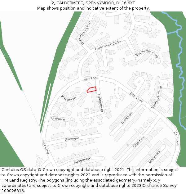 2, CALDERMERE, SPENNYMOOR, DL16 6XT: Location map and indicative extent of plot
