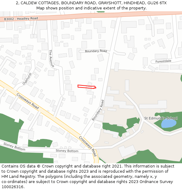 2, CALDEW COTTAGES, BOUNDARY ROAD, GRAYSHOTT, HINDHEAD, GU26 6TX: Location map and indicative extent of plot