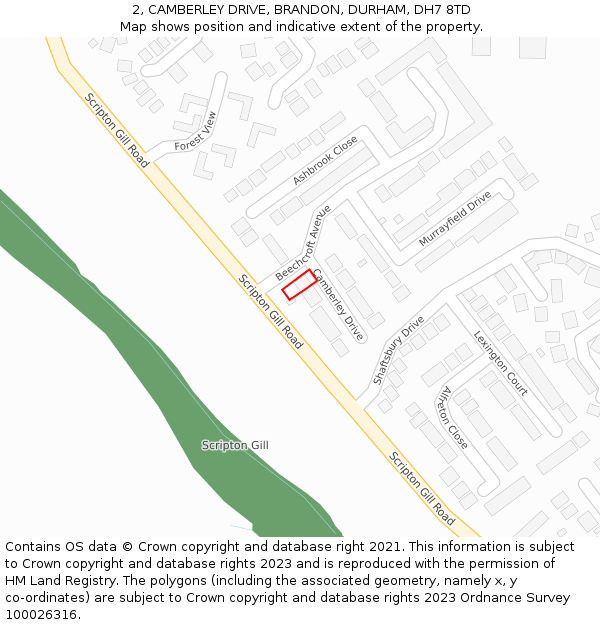 2, CAMBERLEY DRIVE, BRANDON, DURHAM, DH7 8TD: Location map and indicative extent of plot