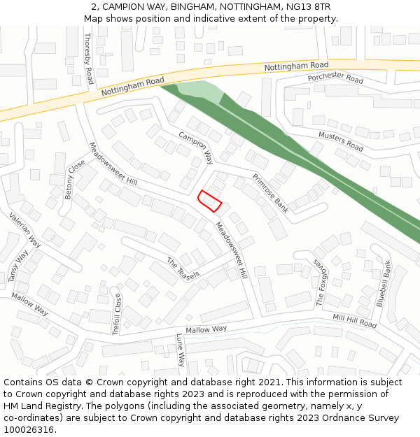 2, CAMPION WAY, BINGHAM, NOTTINGHAM, NG13 8TR: Location map and indicative extent of plot