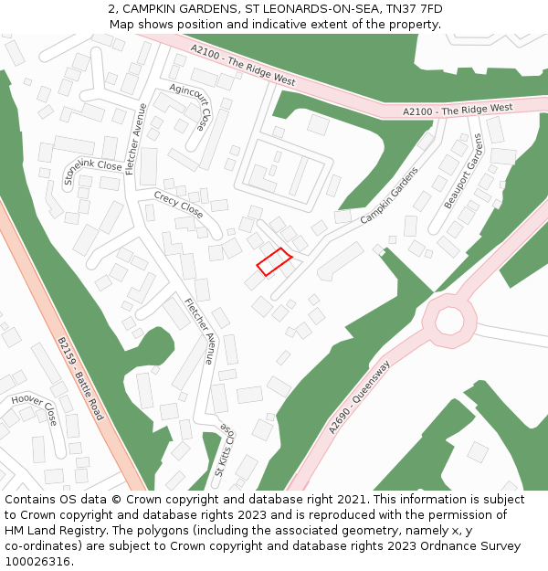 2, CAMPKIN GARDENS, ST LEONARDS-ON-SEA, TN37 7FD: Location map and indicative extent of plot