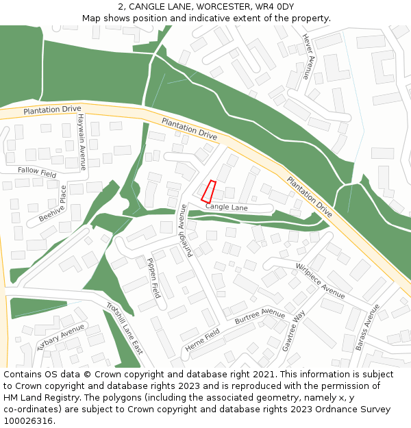 2, CANGLE LANE, WORCESTER, WR4 0DY: Location map and indicative extent of plot