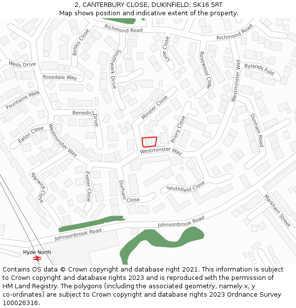 2, CANTERBURY CLOSE, DUKINFIELD, SK16 5RT: Location map and indicative extent of plot
