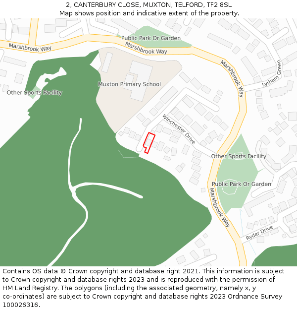 2, CANTERBURY CLOSE, MUXTON, TELFORD, TF2 8SL: Location map and indicative extent of plot