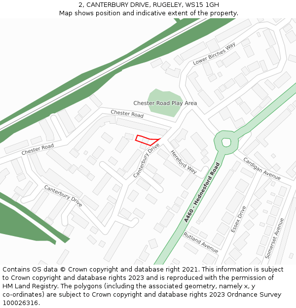 2, CANTERBURY DRIVE, RUGELEY, WS15 1GH: Location map and indicative extent of plot